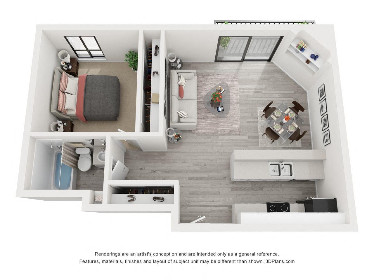 Floor plan for 1 bed, 1 bath, 750 sqft